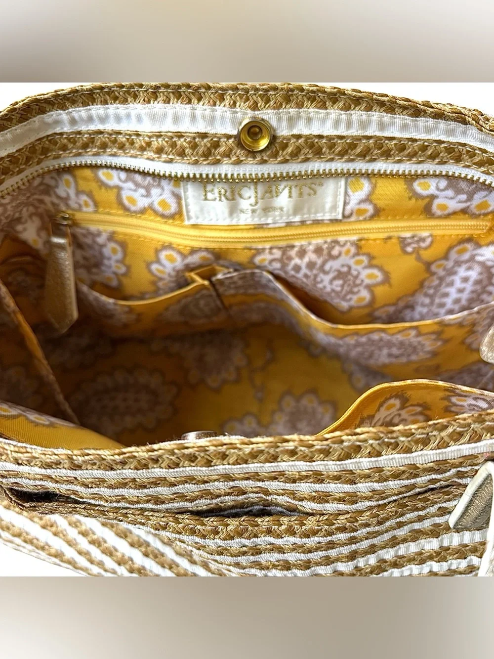 ERIC JAVITS Isla “Squishee” Straw & White Grosgrain Tote w/ Gold Leather Straps